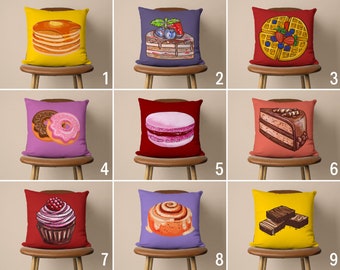Dessert Throw Pillow Cover, Kitchen Cushion Cover, Cake Donut Muffin Macaroon Pillow Case, Decorative Pillows, Cover Only, 20x20 18x18