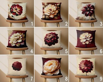 Floral Boho Throw Pillow Cover, Claret Red Giant Flowers Pillow Case, Maroon Color Cushion Cover, Burgundy Pillow Decor, Living Room Decor