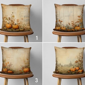 May include: Four throw pillows with different autumn-themed designs featuring pumpkins, leaves, and a vintage background. The pillows are displayed on brown chairs with wooden legs.