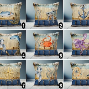 Rustic Nautical Pillow Cover, Marine Life Throw Pillow Cover, Fish Sea Turtle Anchor Crab Octopus Compass Pillow Case, Beach House Decor