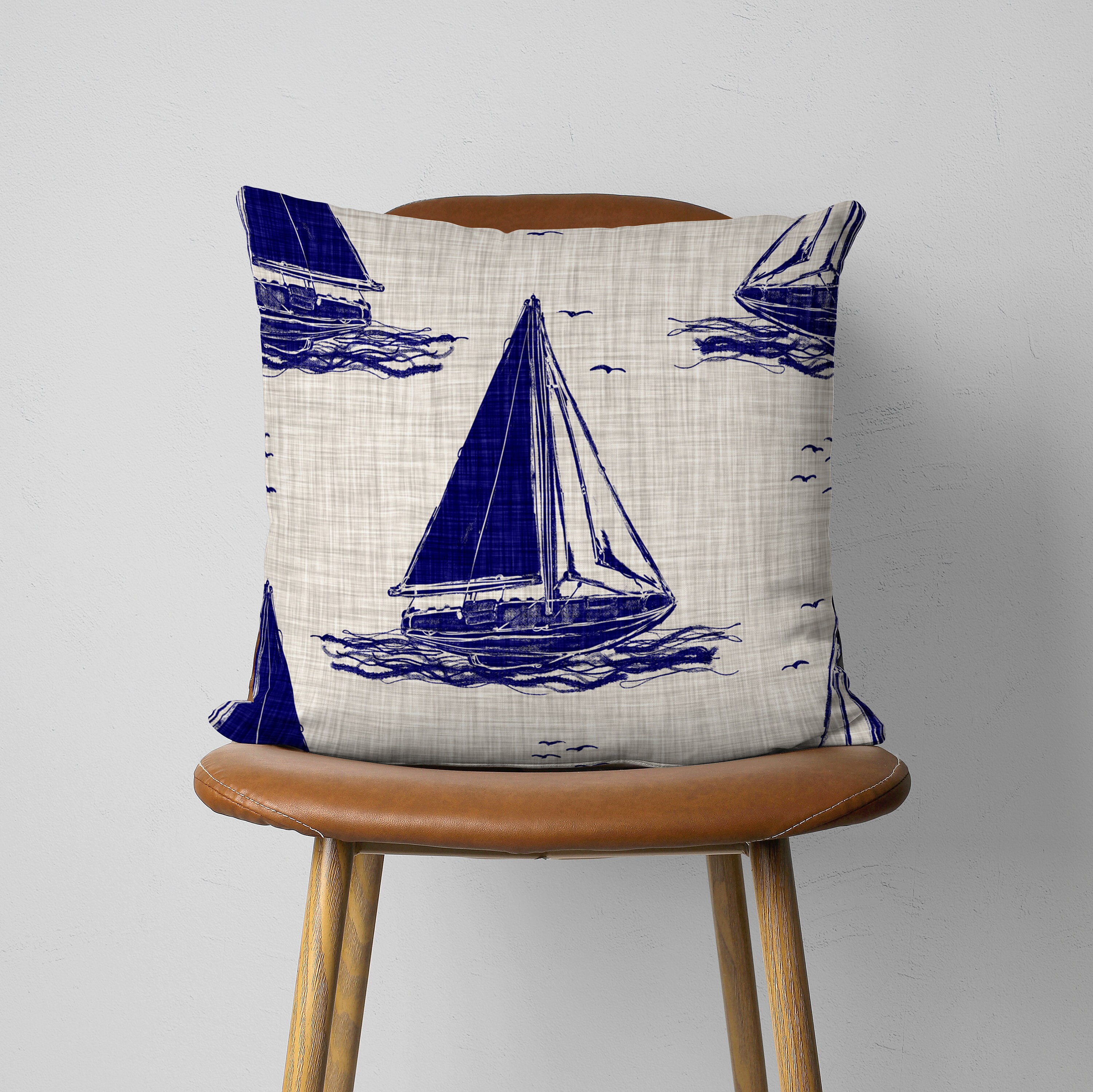 Scallop Lobster Sailboat Pillow Case, Blue Coastal