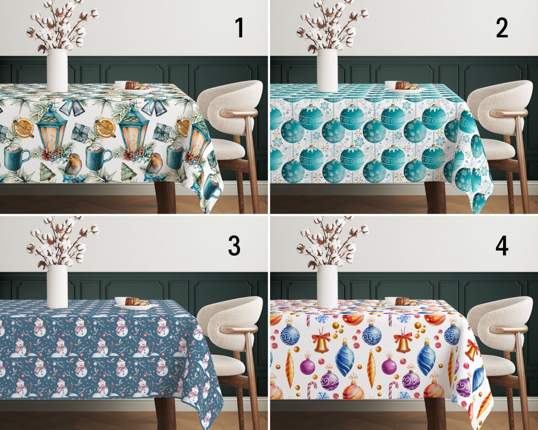 Blue Christmas Tablecloth, Joyful Pine Tree Balls Tablecloth, Snowman