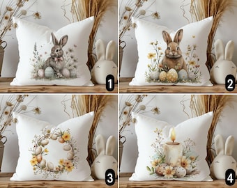 Boho Easter Egg & Bunny Pillow Cover, Cozy Floral Spring Holiday Pillow Case, Rustic Vintage Cushion Cover, Happy Easter Gift, 14x14, 16x16