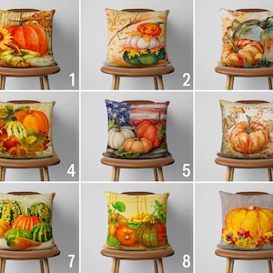 Autumn Accent Pillow Cover, Orange Green Pumpkins Cushion Cover, Farmhouse Throw Pillow Case, Thanksgiving Gift, Fall Decor, 16x16, 18x18