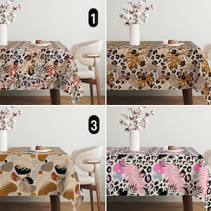 Tropical Leaves & Leopard Print Tablecloth, Boho Tropical Exotic Abstract Tablecloth, Cozy Animal Print and Botanical Tablecloth,Custom Size