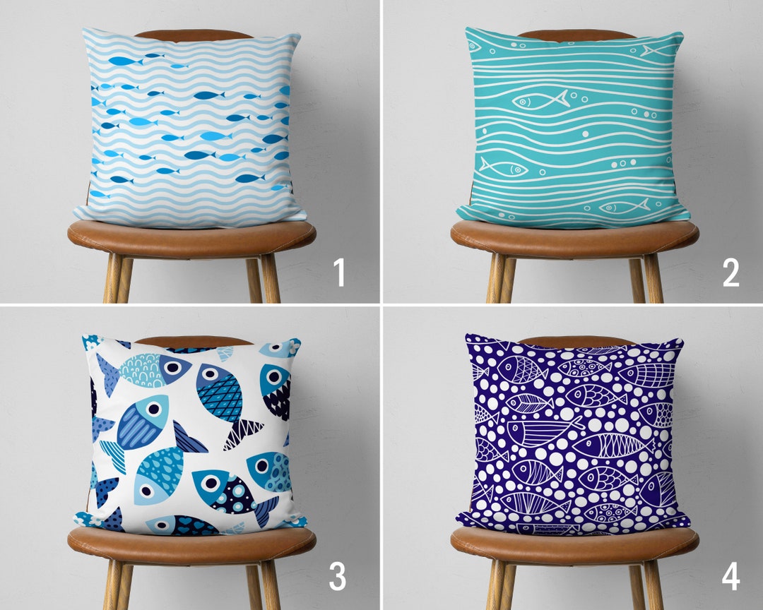 Blue Fish Design Pillow Cover, Ocean & Sea Life Cushion Cover, Coastal  Pillow Cover, Marine Home Decor, Lake House Decor, Any Size Pillow 