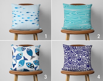 Blue Fish Design Pillow Cover, Ocean & Sea Life Cushion Cover, Coastal Pillow Cover, Marine Home Decor, Lake House Decor, Any Size Pillow