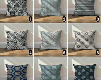 Navy Blue Teal Abstract Throw Pillow Cover, Modern Coastal Boho Cushion Case, Custom Size