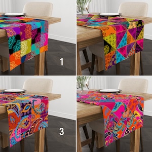 May include: Four different table runners with colourful geometric and paisley patterns. The runners are shown on wooden tables with plates on them. The runners are all approximately 35 cm wide and 178 cm long.