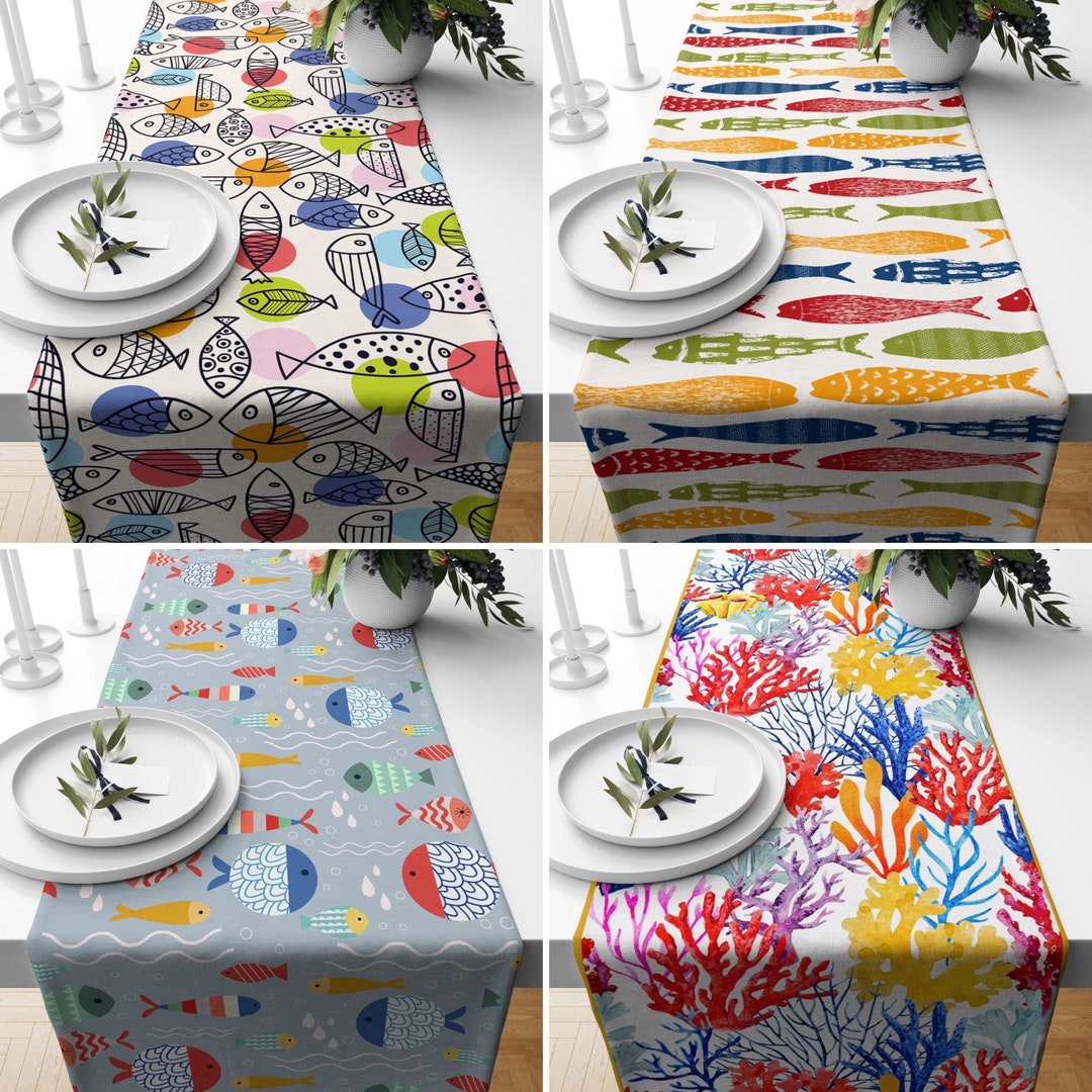 Blue Coastal Table Runner, Fish & Coral Kitchen Runner, Marine ...