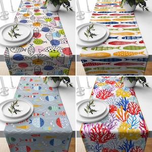 Blue Coastal Table Runner, Fish & Coral Kitchen Runner, Marine Tablecloth, Aqua Table Decor, Any Size Runners, Custom Table Runner