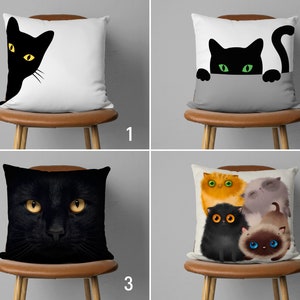 Black Cat Pillow Cover, Cute Cat Illustration Cushion Cover, Any Size Pillow, Decorative Custom Pillow Cover, Cover Only, Unique Decor