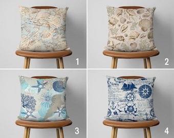 Blue & Beige Marine Pillow Cover, Seashell Pillow Case, Coastal Cushion Covers, Blue Nautical Home Decor, Beach House Decor, Any Size Pillow