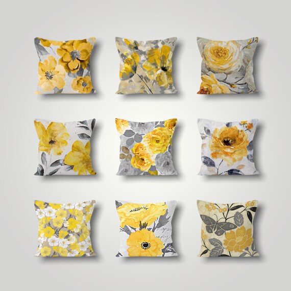 Yellow & Gray Floral Pillow Cover Flowers Cushion Cover Home Etsy