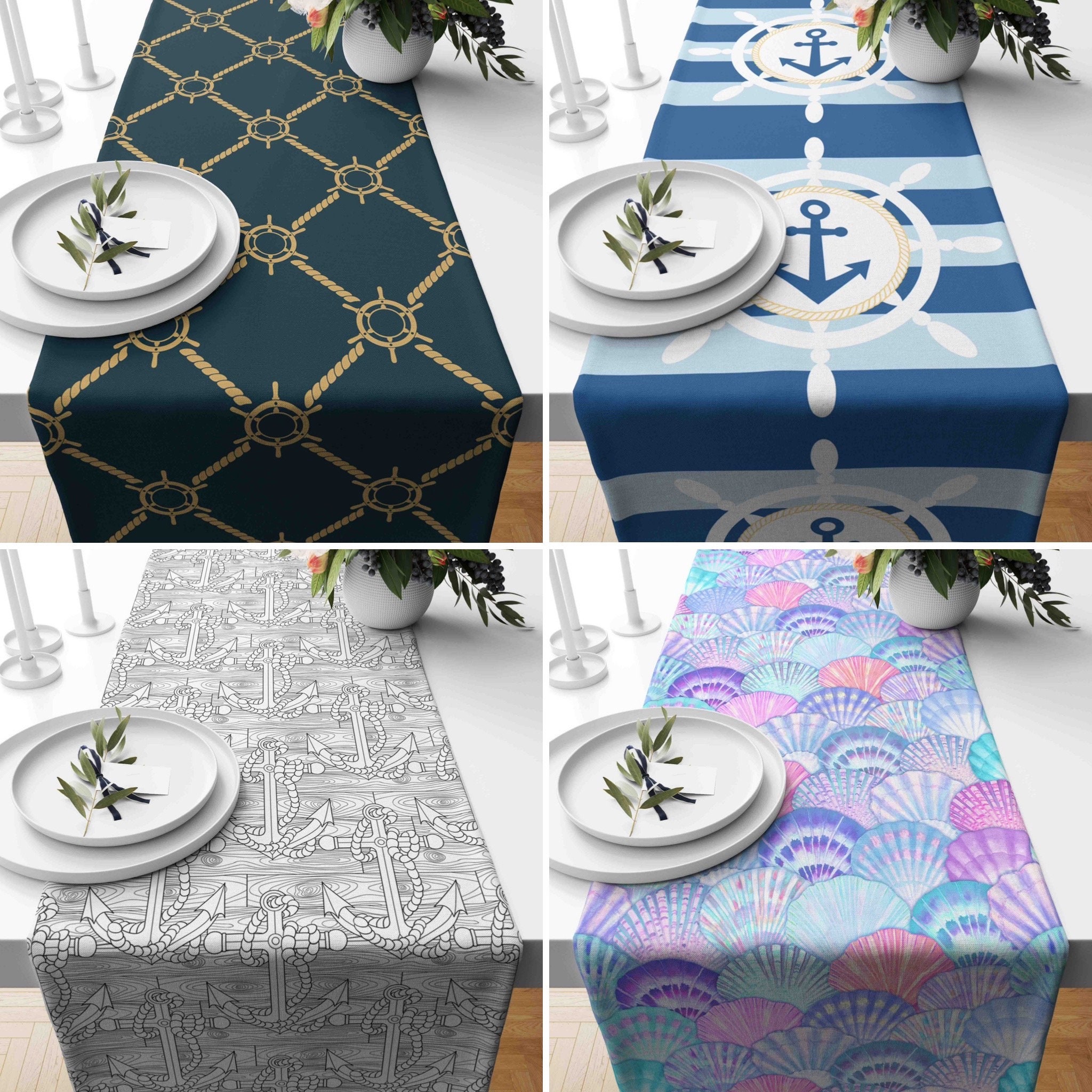 Runner Seashell Nautical Runner, Anchor & Seashell Design Table Runner, Marine ...