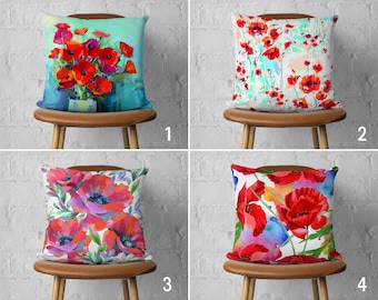 Kussensloop klaproos, bloemen kussenhoes, rood en blauw bloemrijk sierkussensloop, kussen elk formaat, bloemen woondecoratie, alleen omslag, 20 x 20 22 x 22
