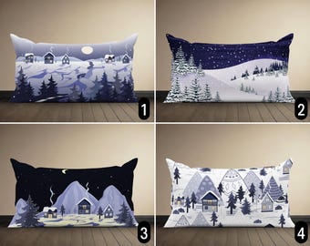 Snowy Winter Night Landscape Lumbar Pillow Cover, Navy Blue Village Scenery Cushion Cover, Cozy Holiday Cabins & Mountains View Pillow Case