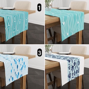Blue Fish & Ocean Waves Table Runner, Nautical Marine Table Runner, Sailboats Design Modern Summer Table Runner, Beach House Kitchen Decor