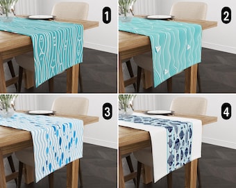 Blue Fish & Ocean Waves Table Runner, Nautical Marine Table Runner, Sailboats Design Modern Summer Table Runner, Beach House Kitchen Decor