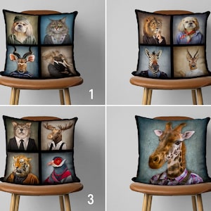 Dressed Animal Portrait Pillow Cover, Cute Animals in Costume Cushion Cover, Decorative Pillow Case, Any Size Pillow, Cover Only