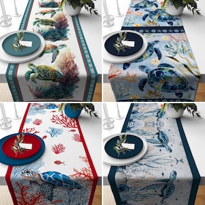 Corredor de mesa de diseño de tortugas marinas, corredor de mesa de estilo costero y marino, mantel náutico decorativo, decoración de mesa de verano, corredor de cualquier tamaño