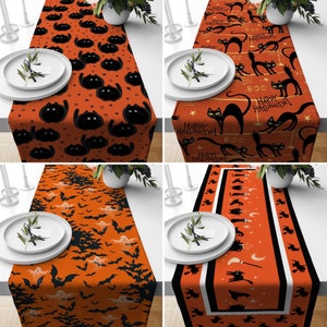 Orange & Black Halloween Table Runner, Black Cat and Bat Table Runner, Spooky Fall Tablecloth, Happy Halloween Gift, Dining Room Decor