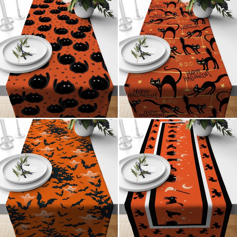 Orange & Black Halloween Table Runner, Black Cat and Bat 