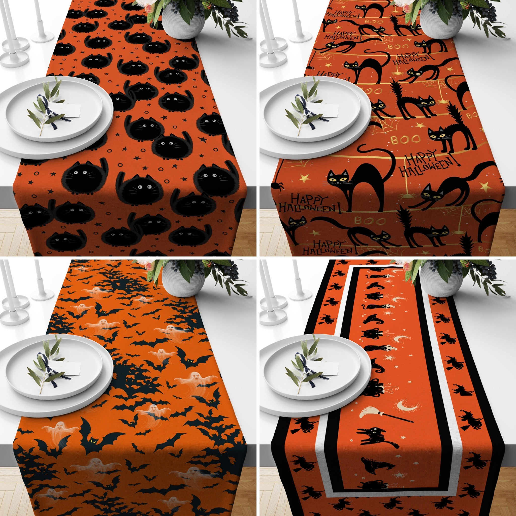 Orange & Black Halloween Table Runner, Black Cat and Bat Table Runner ...