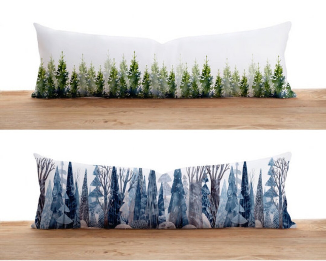 Pine Tree Lumbar Pillow Case, Forest Bolster Pillow Cover, Green & Blue