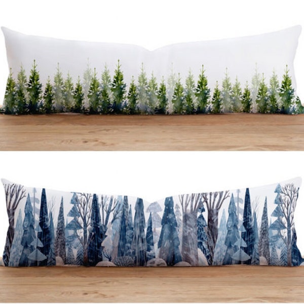 Pine Tree Lumbar Pillow Case, Forest Bolster Pillow Cover, Green & Blue Long Body Pillow Cover, Bedroom Decor, Any Size Pillow, Only Cover