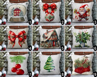 May include: Nine different Christmas pillow designs featuring a variety of holiday themes, including a snow globe, a house, a bow, a Christmas tree, holly, and a bird. The pillows are all white with a beige background and have a rustic, vintage look.