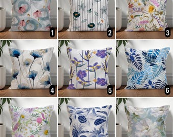 Blue and Purple Floral Throw Pillow, Modern Botanical Cushion Case, Summer Farmhouse Decor