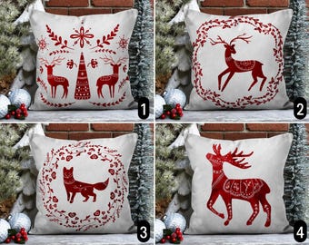 Scandinavian Fox & Reindeer Design Pillow Cover, Nordic Christmas Folk Art Throw Pillow Case, Red White Winter Holiday Pillow Cover, 18x18