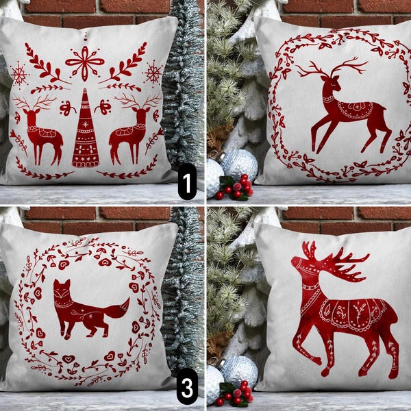 Scandinavian Fox & Reindeer Design Pillow Cover, Nordic Christmas Folk Art Throw Pillow Case, Red White Winter Holiday Pillow Cover, 18x18