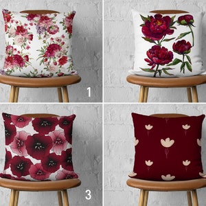 Burgundy & White Floral Pillow Cover, Bordeaux Red Flowers Pillow Case, Claret Red Cushion Cover, Boho Home Decor, Living Room Decor, 16x16