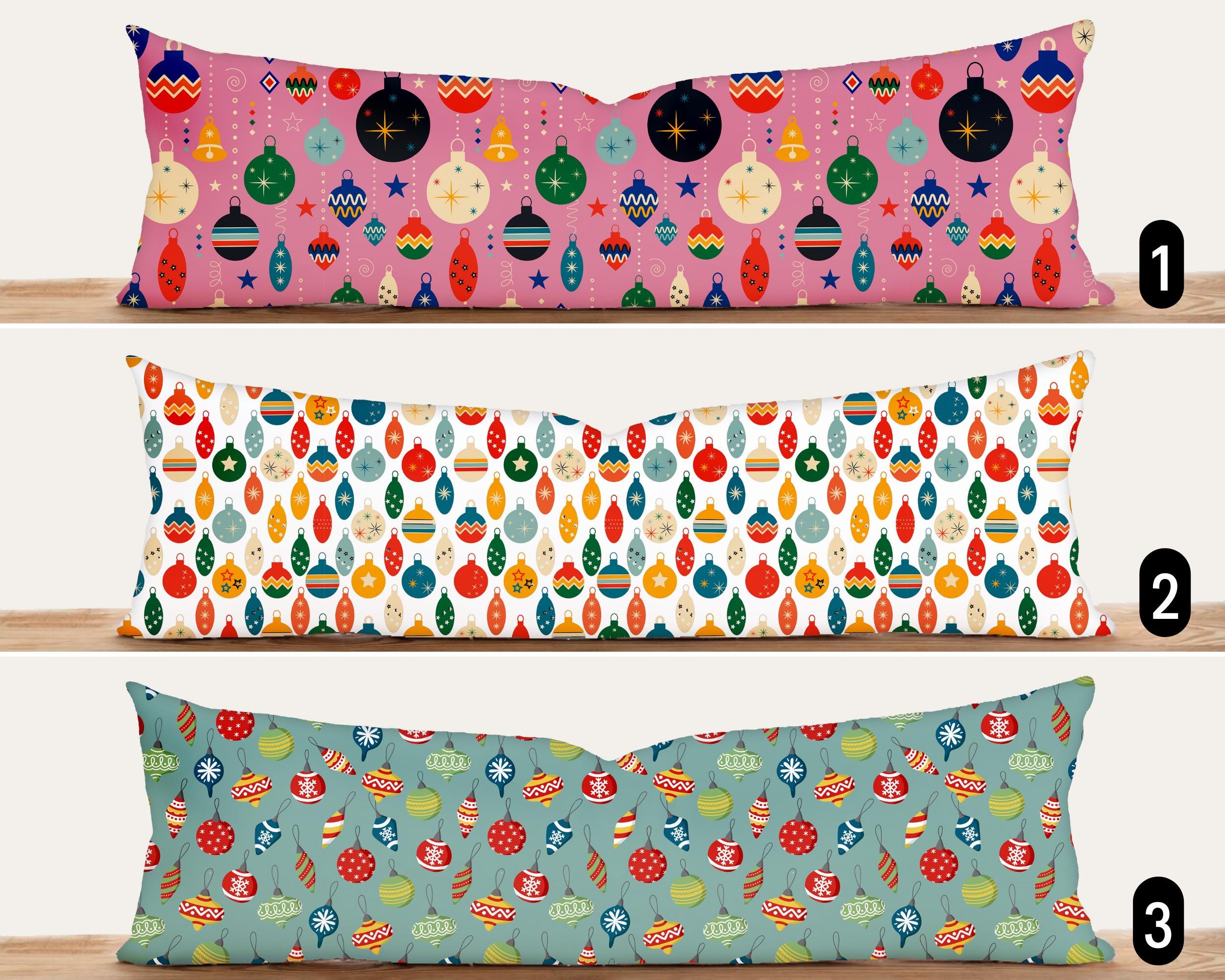 Christmas Ornaments Lumbar Pillow Cover, Winter Holiday Tree Baubles Oversized Pillow Cover, Modern Retro Colorful Long & Large Pillow Cover