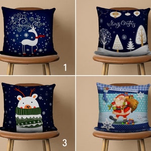 Federa per cuscino natalizio blu scuro, fodera per cuscino invernale, fodera per cuscino con cervo di Babbo Natale e orso polare, tessuto blu navy, cuscino fatto a mano
