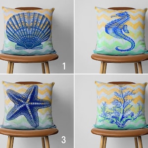 Funda de almohada de casa de playa, fundas de cojín costero náutico, almohada de lanzamiento de coral de caballito de mar, decoración de la casa del océano, decoración de mejillones, solo cubierta