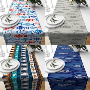 Fish Pattern Table Runner, Blue Coastal Runner, Marine Tablecloth, Nautical Home Decor, Gift for Beach House, Dining Room Decor