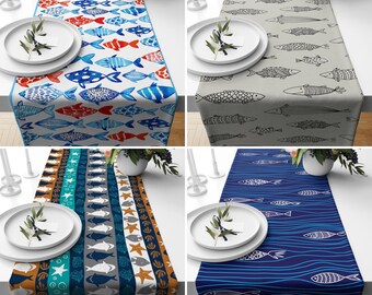 Fish Pattern Table Runner, Blue Coastal Runner, Marine Tablecloth, Nautical Home Decor, Gift for Beach House, Dining Room Decor