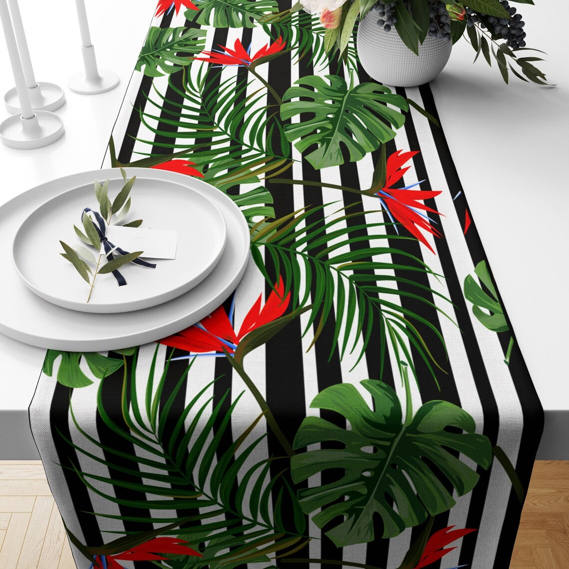 Green Leaves Table Runner Exotic Plant Leaf Kitchen Runner Etsy
