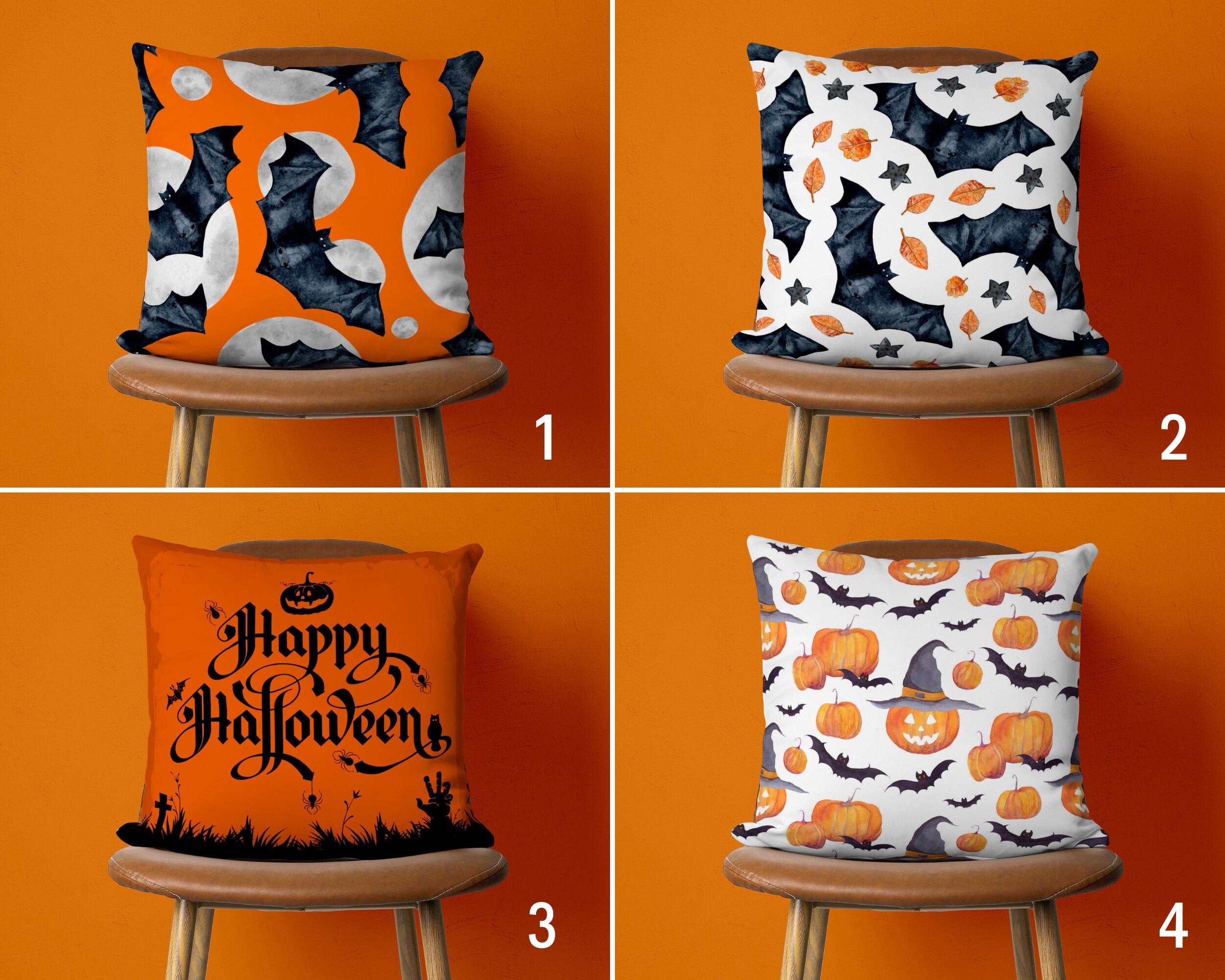 Paquet De 4 Housses De Coussin D'halloween 45x45cm, Motif De Chauve-souris Citrouille Fantôme, Idéales