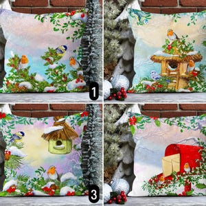 Federa per cuscino con uccellini di Natale, piccoli e graziosi pettirossi invernali sui rami di pino, federa per cuscino natalizio, accogliente decorazione per la casa