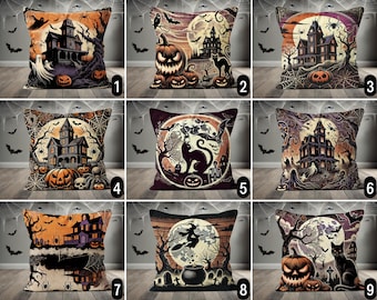 Vintage Halloween Throw Pillow Cover, Spooky & Creepy Haunted House Cushion Cover, Moonlit Night Pillow Case, Halloween Gift, Trick or Treat