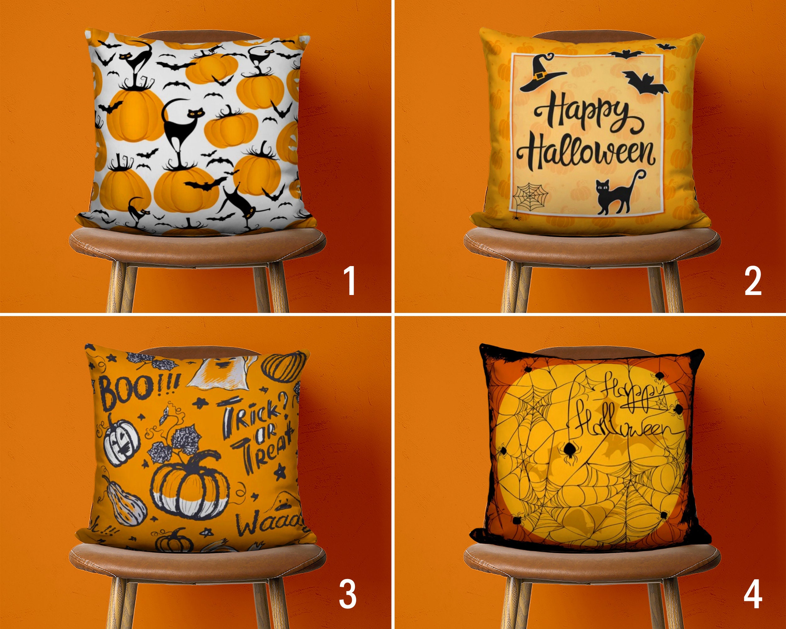 Orange Halloween Pillow Cover, Black Cat & Spider Cushion Cover, Carved Pumpkin Pillow Case, Spooky Halloween Gift, Any Size Accent Pillow