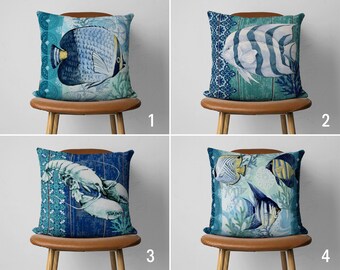 Blue Fish Pillow Cover, Beach House Cushion Cover, Marine Throw Pillow Case, Ocean House Decor, Nautical Decor, Any Size Pillow, Cover Only