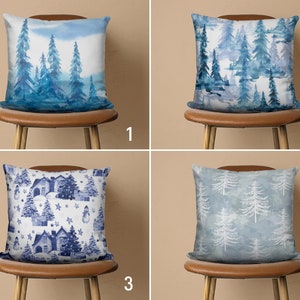 Fodera per cuscino con albero di pino blu, federa per cuscino invernale, fodera per cuscino con motivo pino, tessuto natalizio, arredamento di Capodanno, fodera per cuscino di qualsiasi dimensione