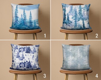 Blue Pine Tree Pillow Cover, Winter Pillow Case, Pine Pattern Cushion Cover, Christmas Textile, New Years Decor, Any Size Pillow Cover