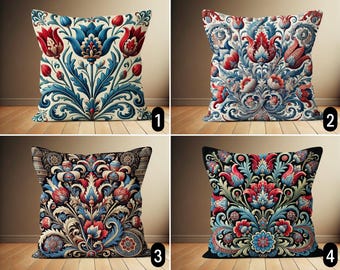 Funda de cojín tradicional con tulipanes ornamentados, funda de cojín étnica con flores rojas y azules, funda de almohada de lujo con flores elegantes, cualquier tamaño, decoración de dormitorio