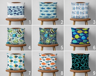 Blue Fish Pillow Cover, Coastal Ocean Pillow Case, Nautical Marine Cushion Cover, Blue House Decors, Living Room Decor, 18x18, 20x20